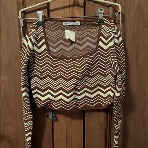 Stradivarius Brown Chevron Knit Cropped Sweater - Square Neck
